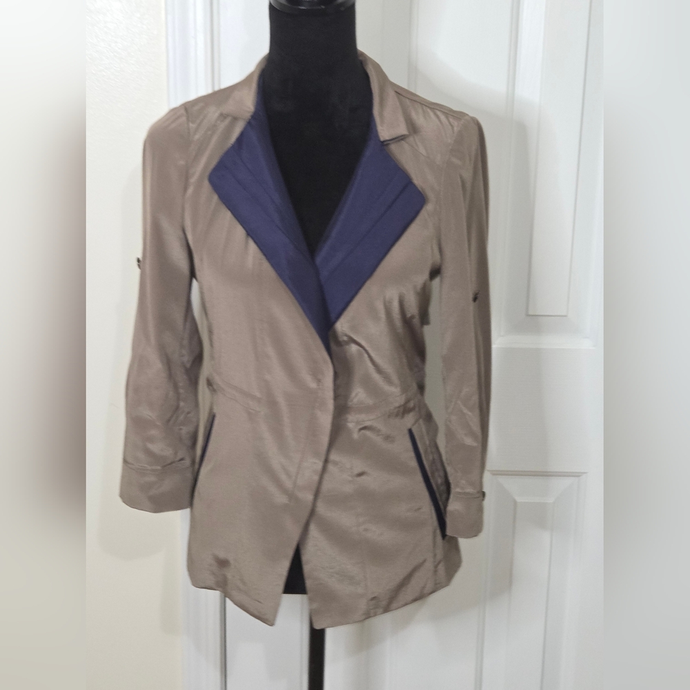 Oliva Lauren Women's Zip Front Blazer Trench Jacket Olive And Navy Size Small